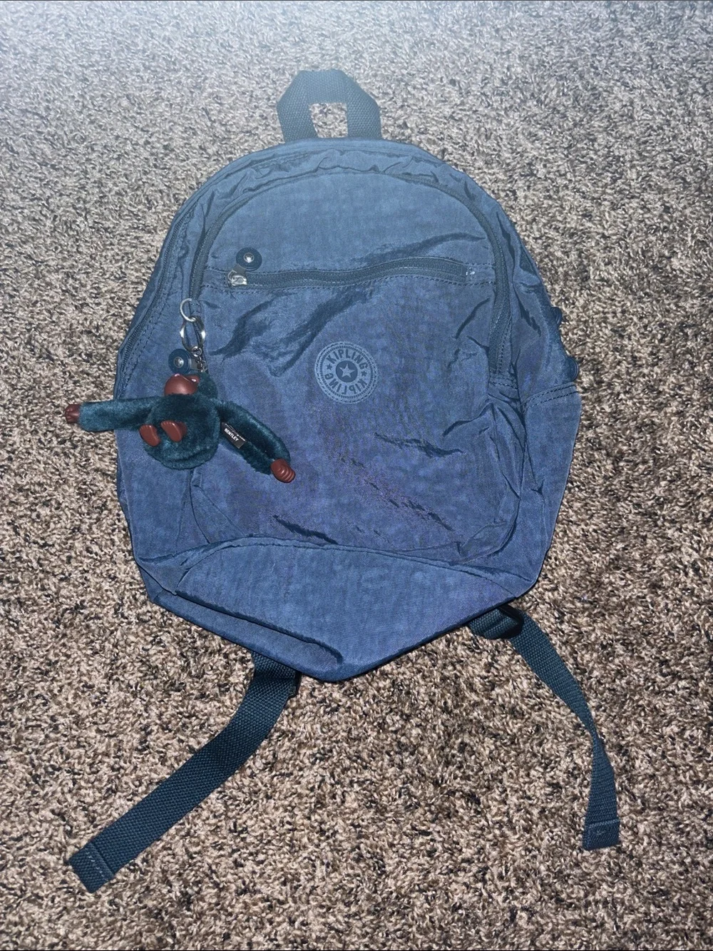 Kipling Navy Blue Nylon Backpack with Monkey Key Charm